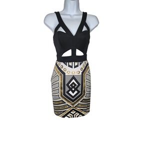 Solemio Dress Black Top W/White Black And Gold Motif On Skirt Size S